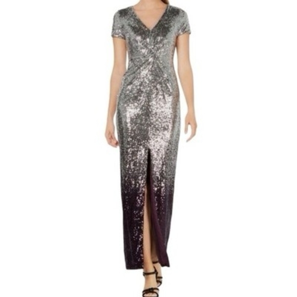 Calvin Klein Dresses & Skirts - Calvin Klein Sequined Ombre Maxi Dress Silver Purple V-Neck Ball Gown Size 8